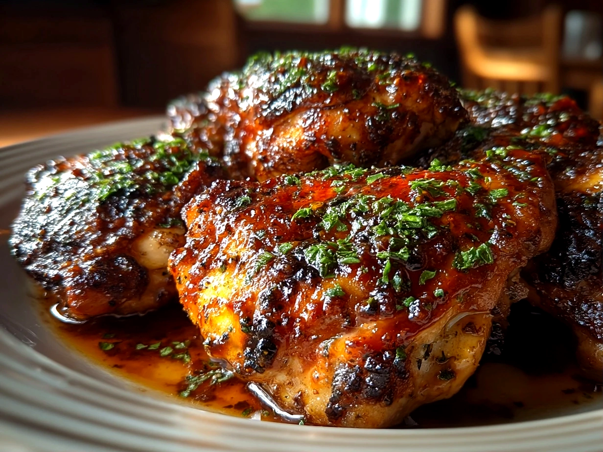 Close-up of finished comforting Crockpot BBQ Chicken with fresh garnish
