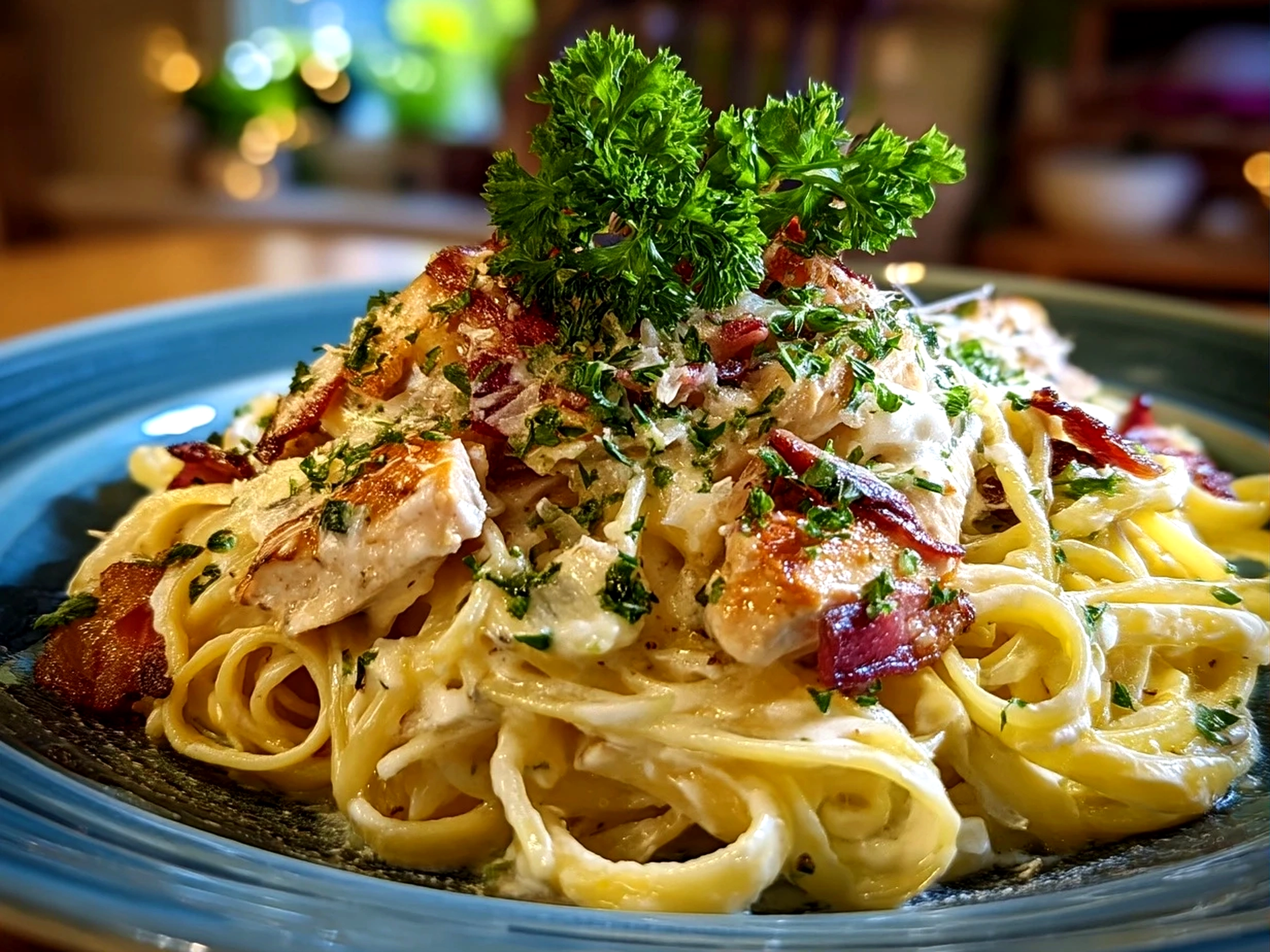 Close up of finished Chicken Carbonara plated with bacon and parmesan