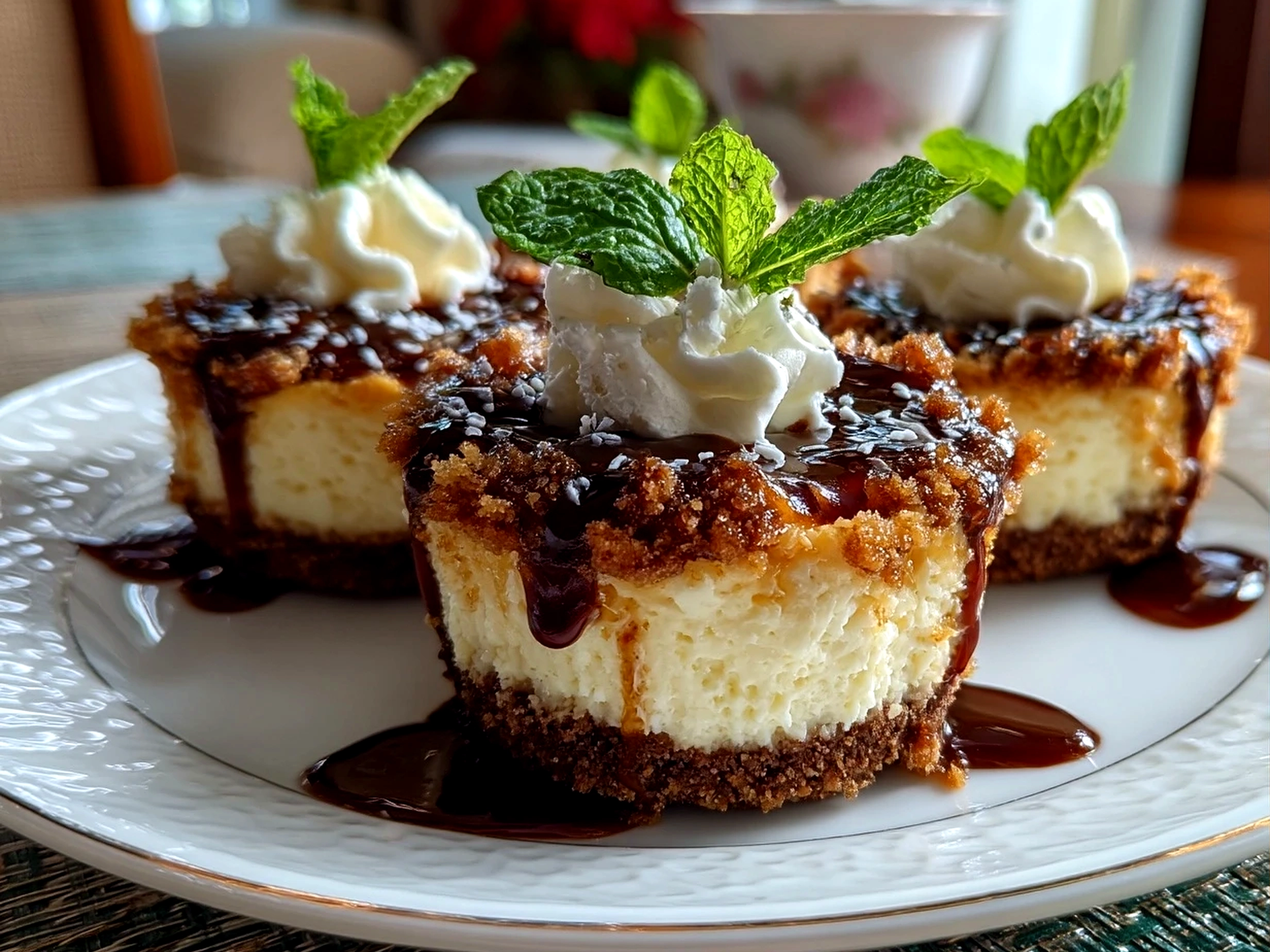 Close up of freshly prepared Andes Mint Mini Cheesecakes garnished with fresh mint leaves