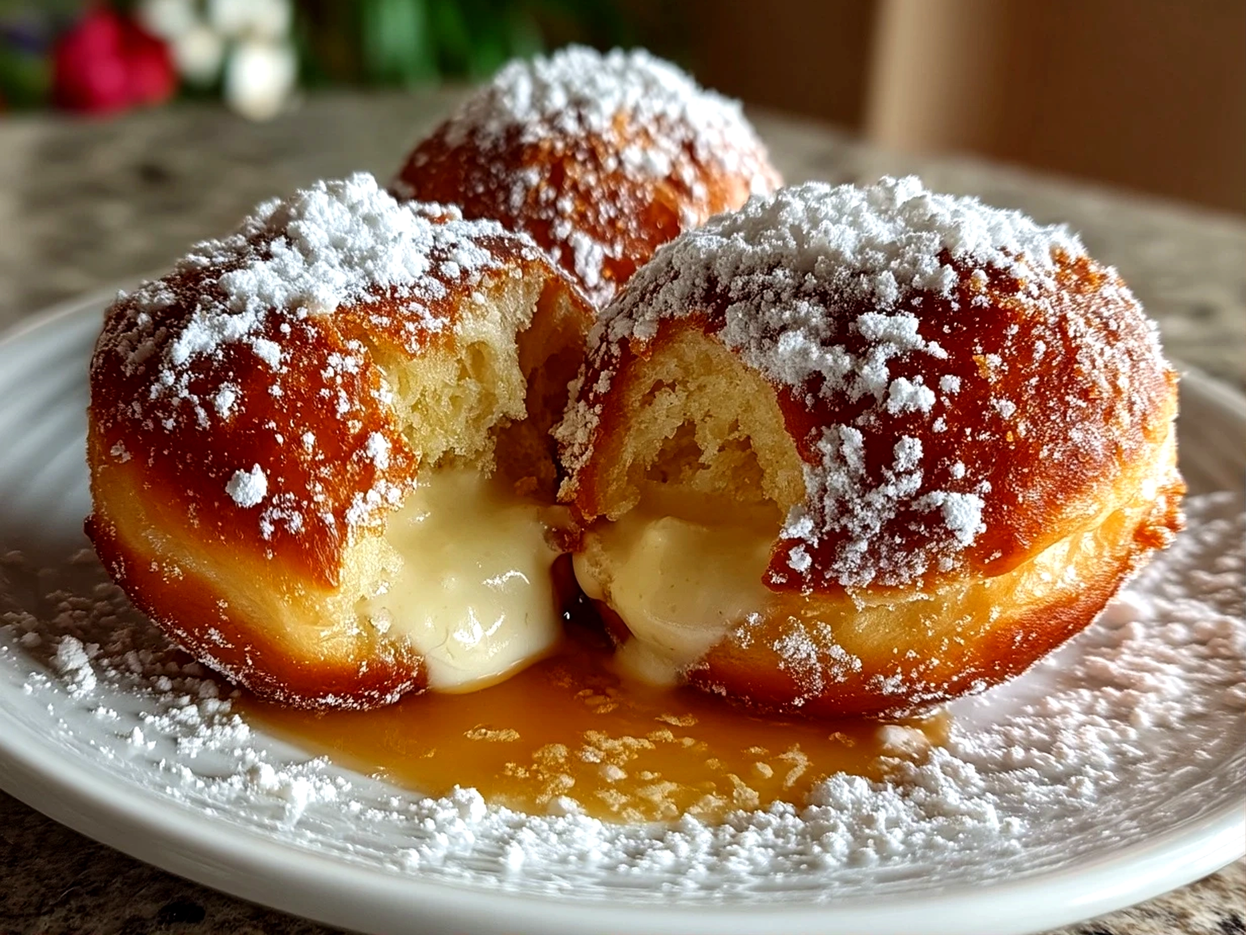 Close-up of finished Italian Bomboloni Cream Donuts with powdered sugar