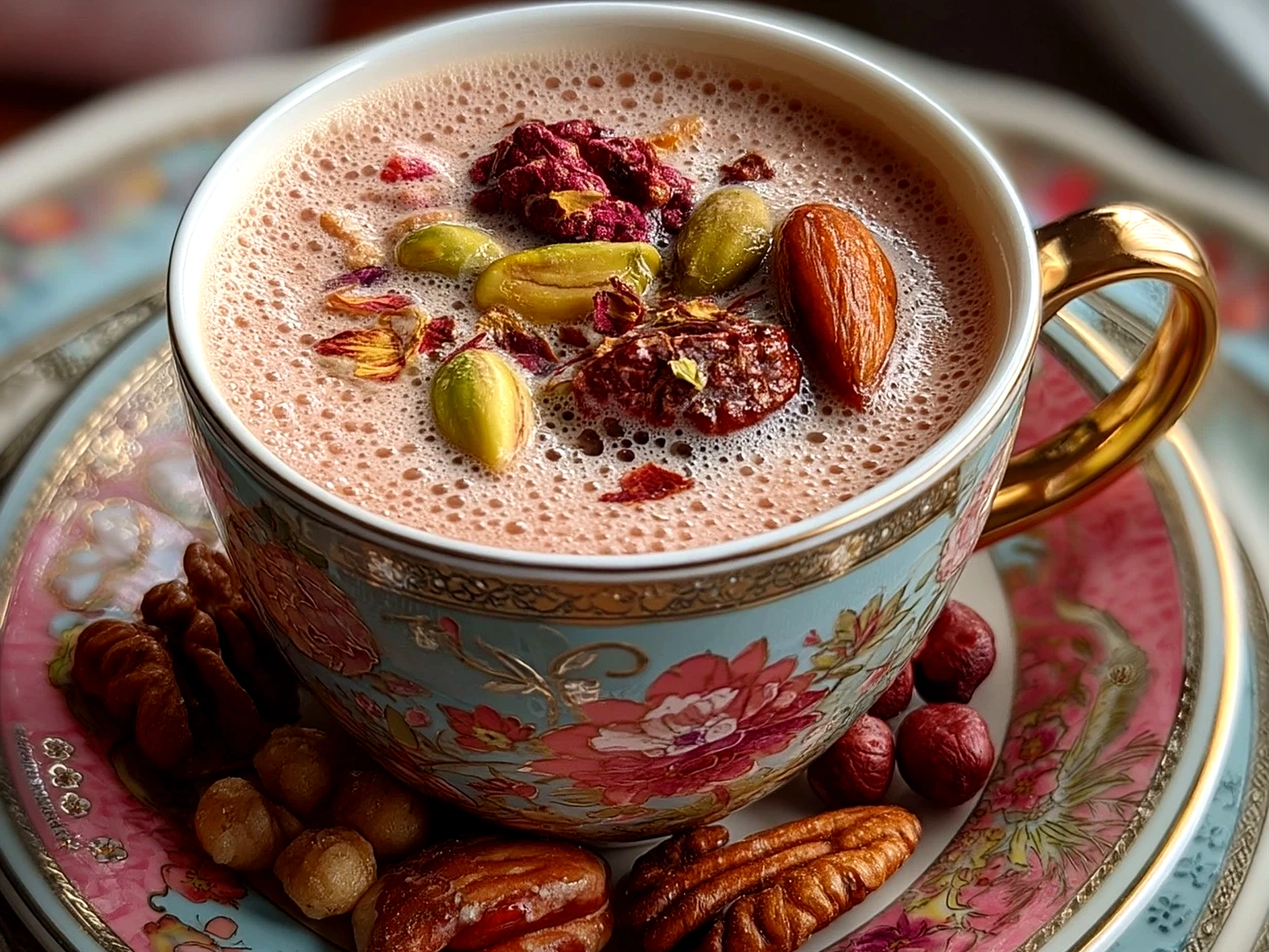 Slight angle close-up of finished Kashmiri Pink Chai showing surface shine