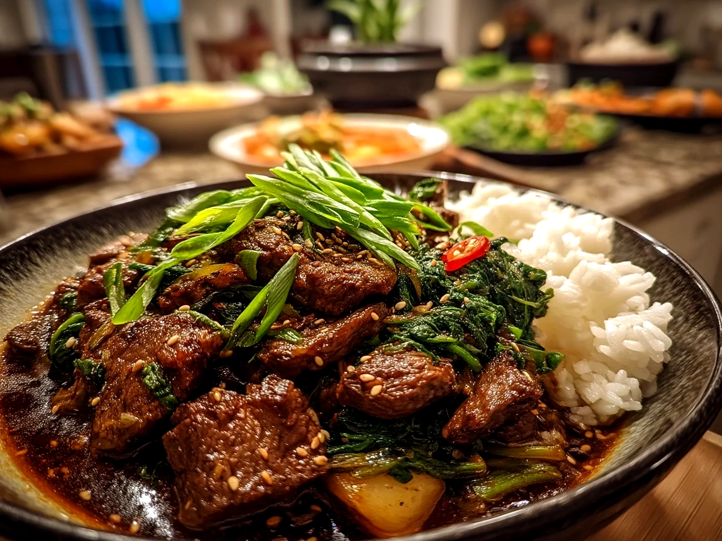 Slight angle close-up of finished Korean BBQ Beef plated