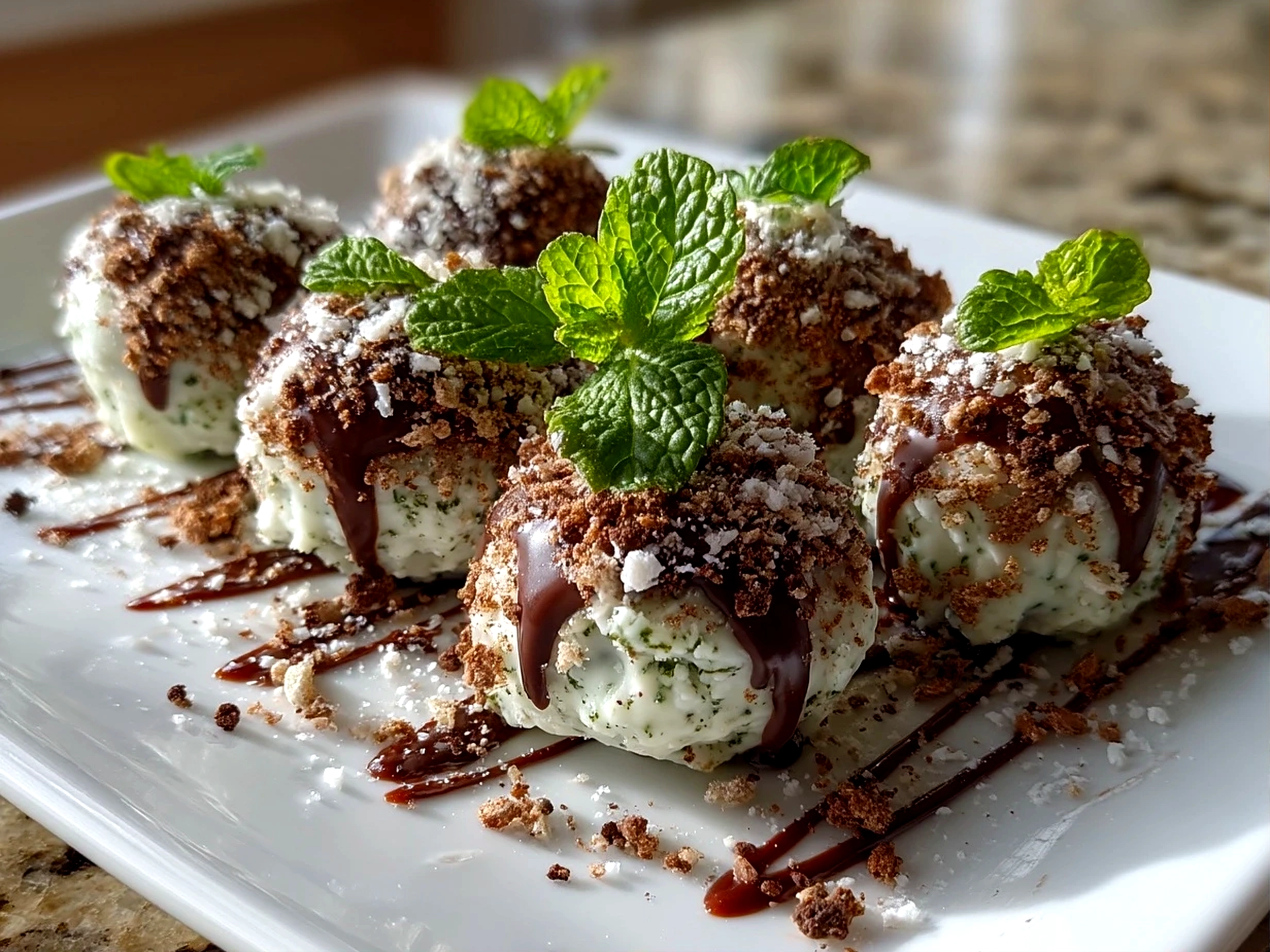 Close-up of finished Mint Oreo Balls on a serving plate