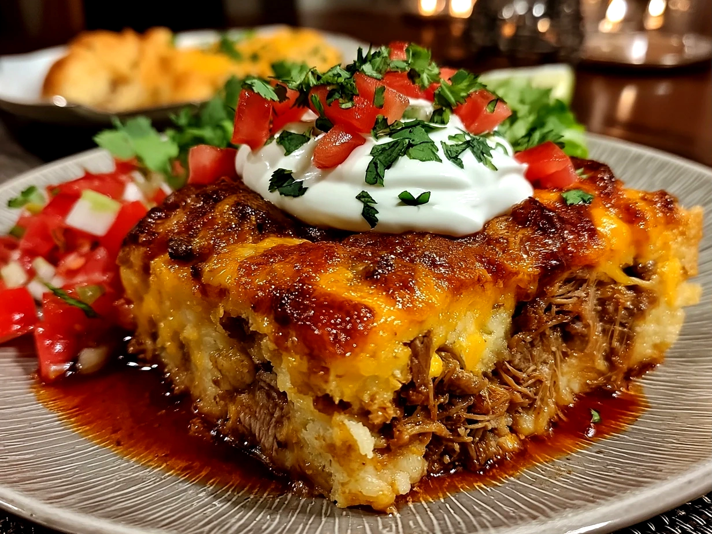 Slight angle close-up of finished taco casserole with melted cheese and toppings