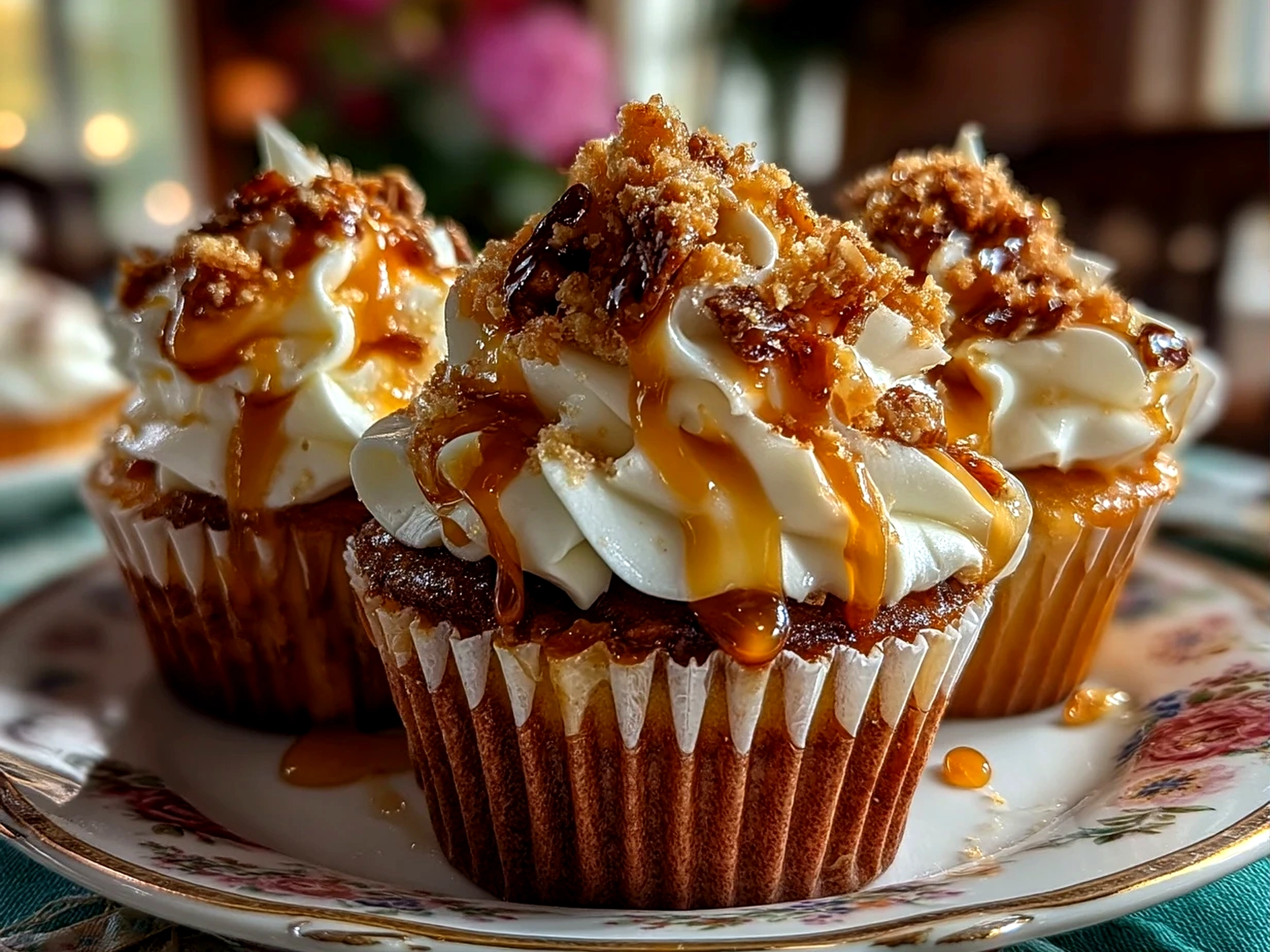 Slight angle close up of finished Toffee Crunch Cupcakes