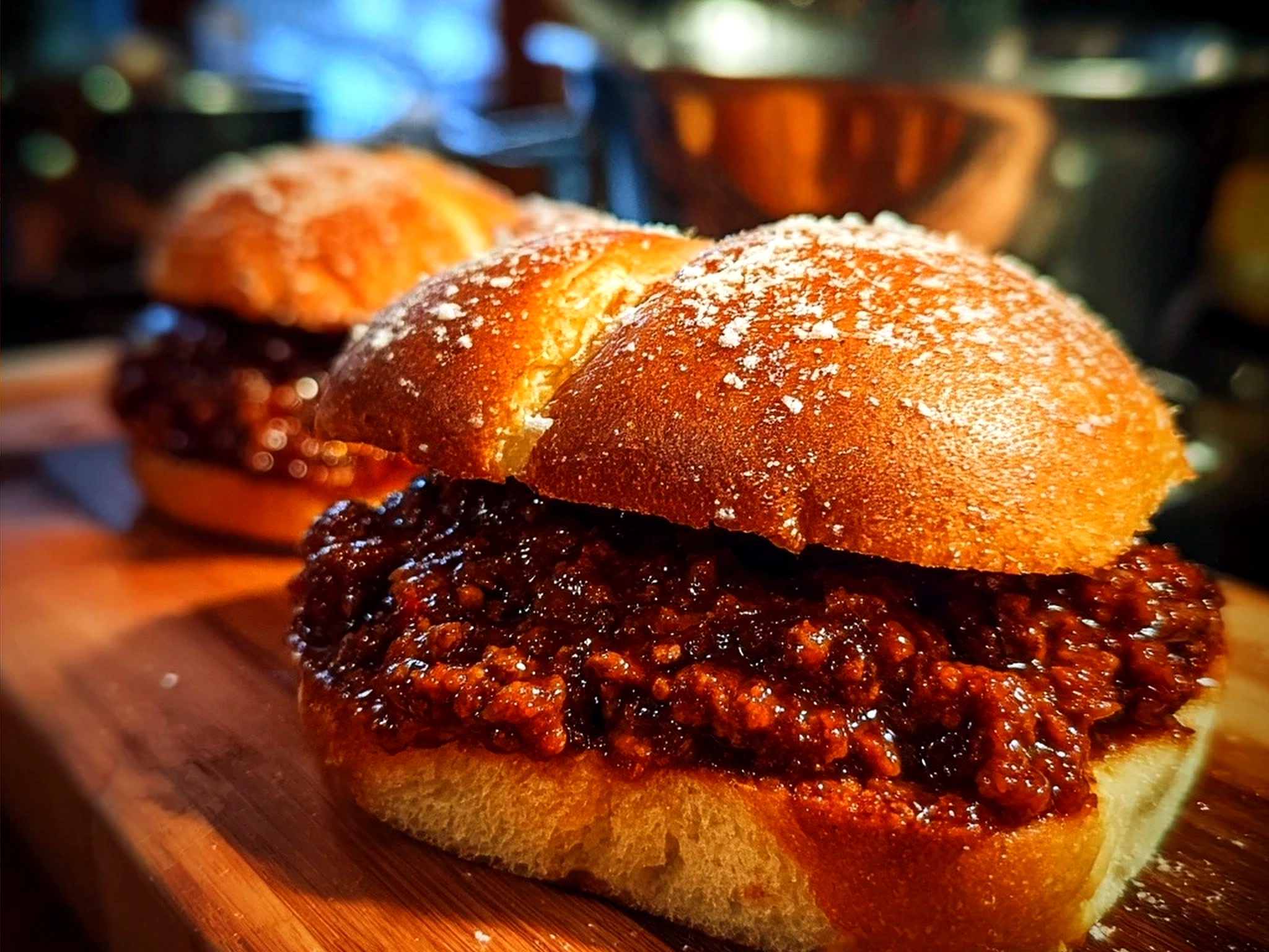 Serving of finished Sloppy Joes sandwiches with buns, ready to eat