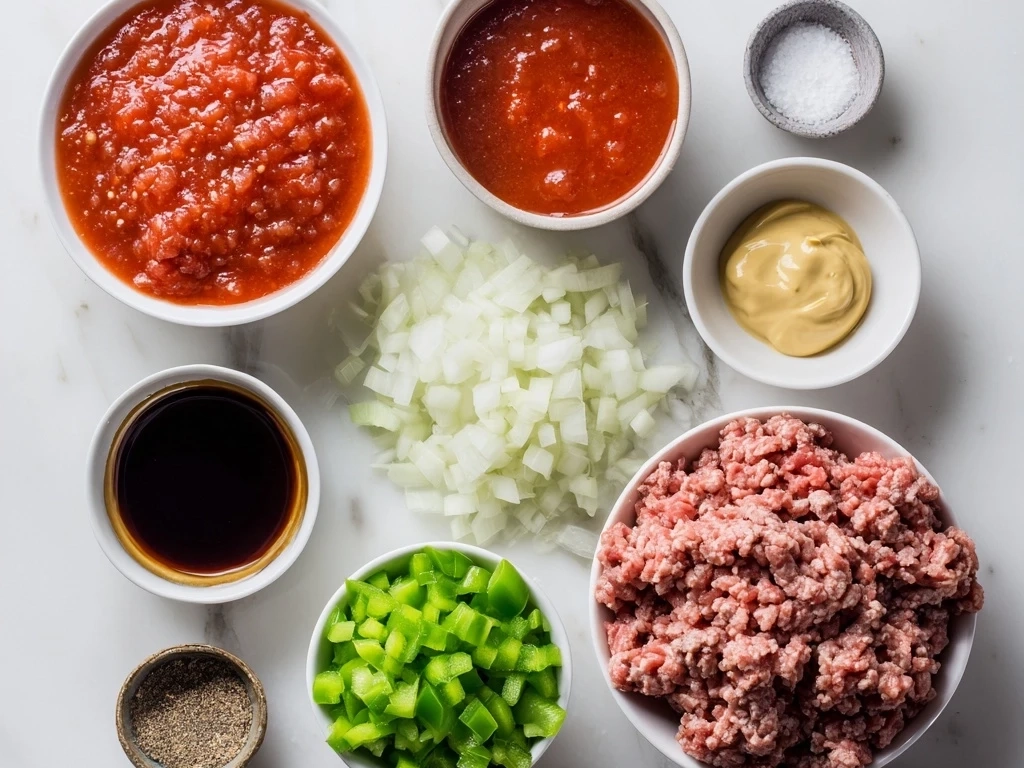 Ingredients for Sloppy Joes laid out including ground beef, onion, green pepper, tomato sauce, and buns