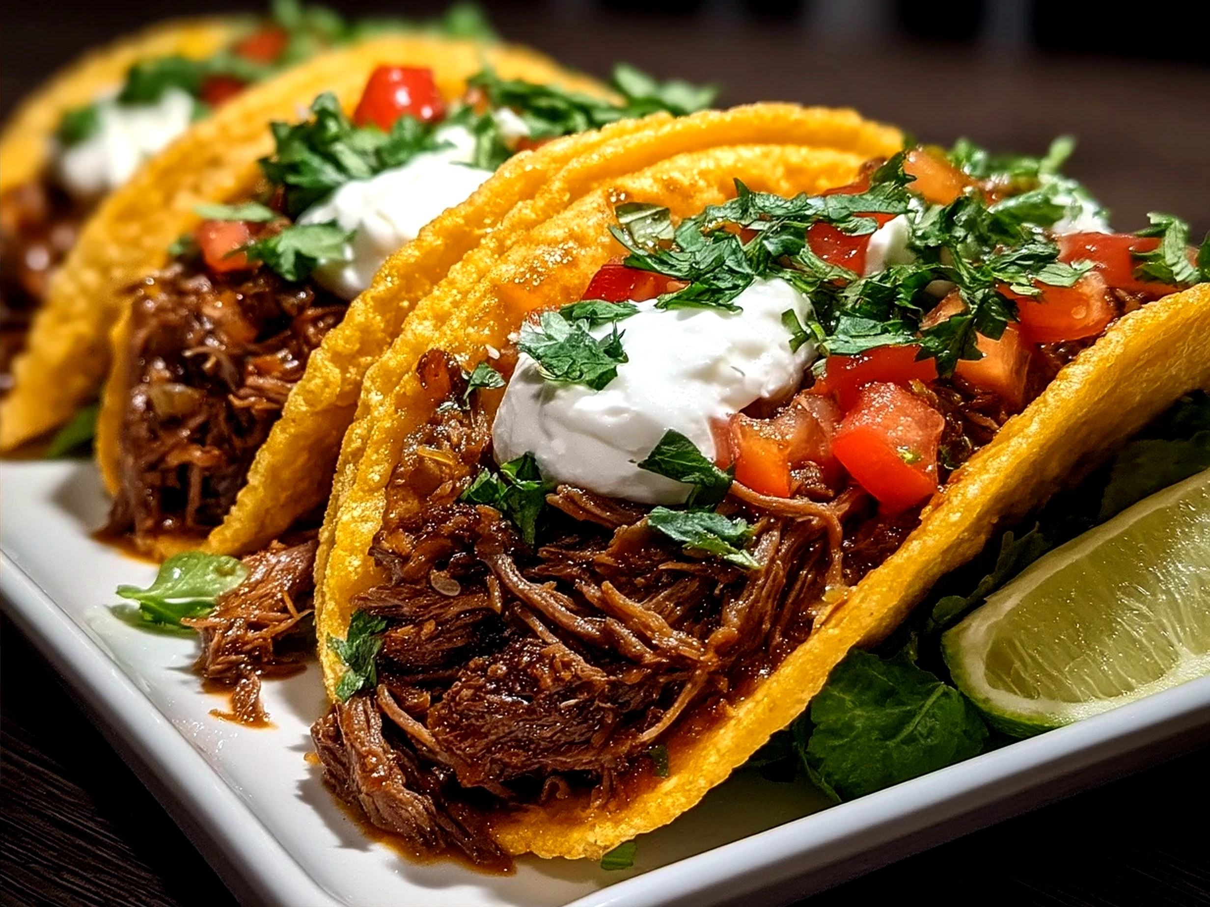 Prepared Slow Cooker Mexican Shredded Beef served in tortillas with fresh garnishes like lime, cilantro, and onion