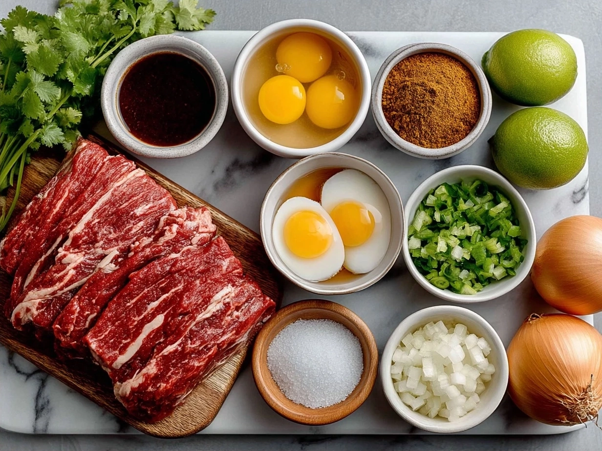 Ingredients laid out for Slow Cooker Mexican Shredded Beef including beef chuck, onions, garlic, chipotle peppers, spices, beef broth and diced tomatoes