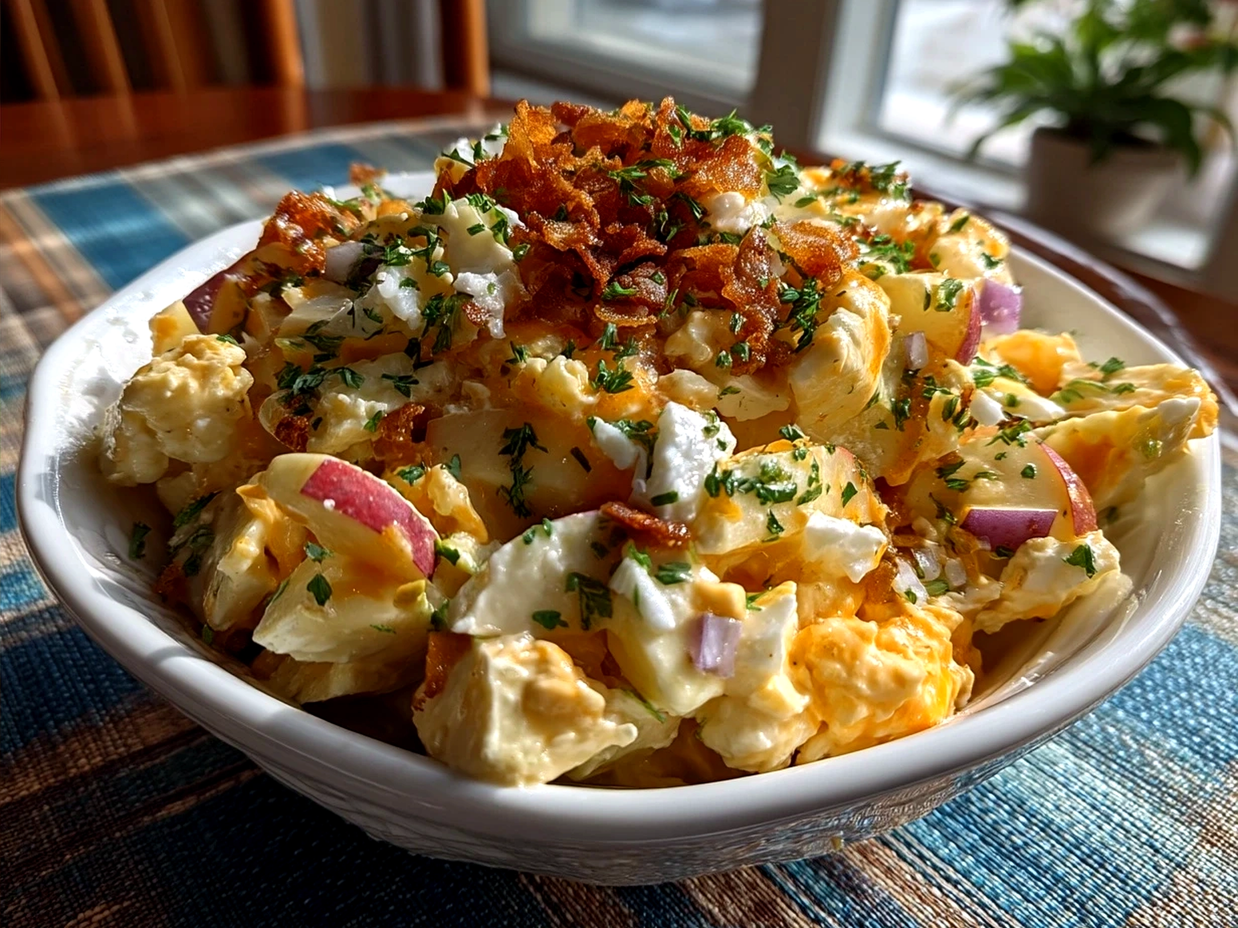 Serving bowl with creamy Snicker Apple Salad topped with Snickers pieces and walnuts