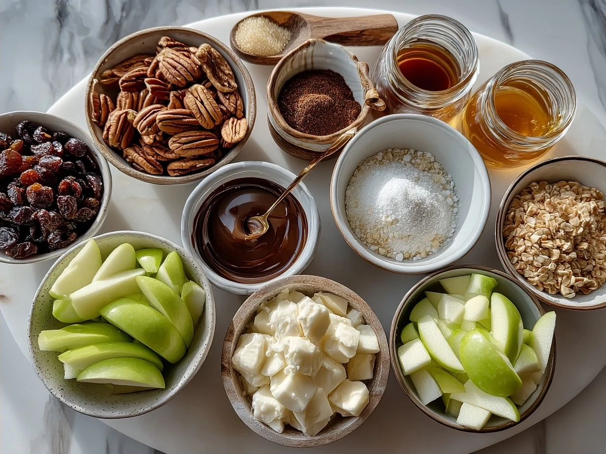 Ingredients for Snicker Apple Salad including diced apples, mini marshmallows, Snickers bar pieces, whipped cream, walnuts, vanilla extract and salt