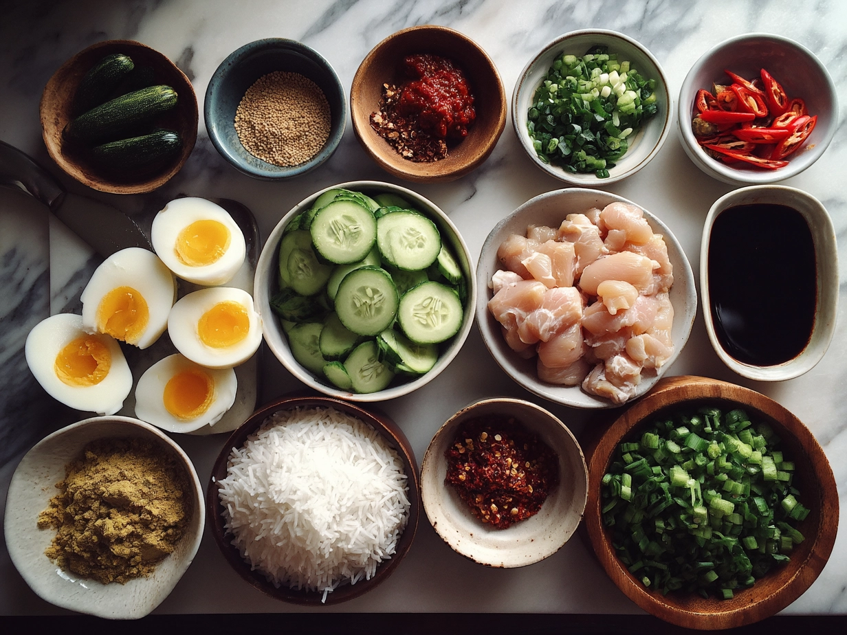 Ingredients for Spicy Maple Chicken and Coconut Rice laid out on a kitchen counter