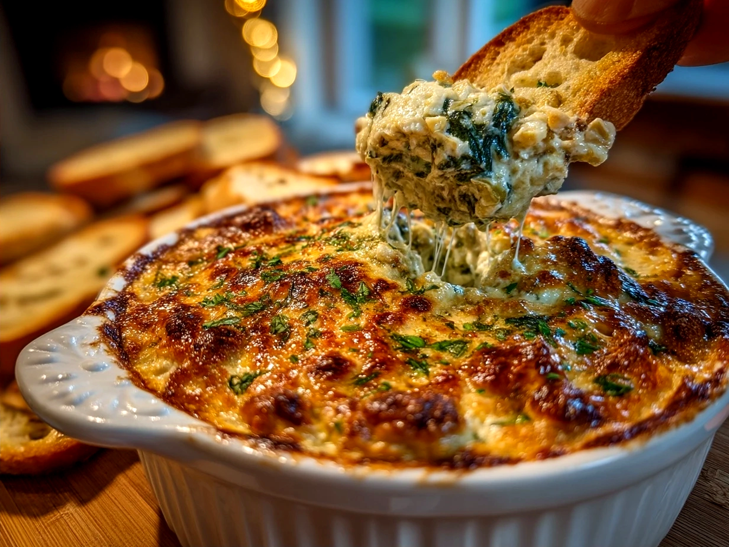 Creamy baked spinach artichoke dip served with fresh crackers and vegetables