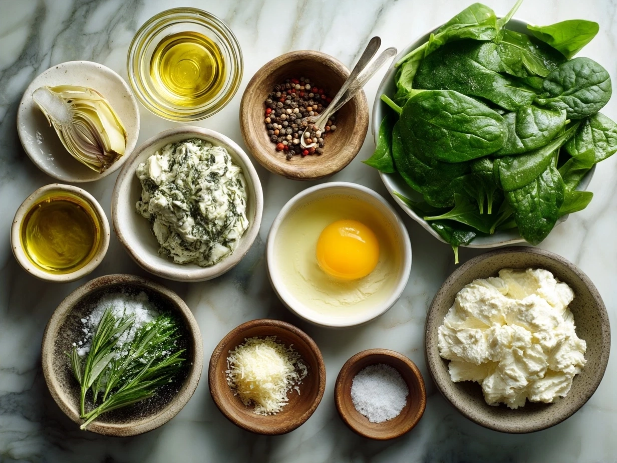Ingredients for spinach artichoke dip including spinach, artichoke hearts, cream cheese, mozzarella and Parmesan cheese