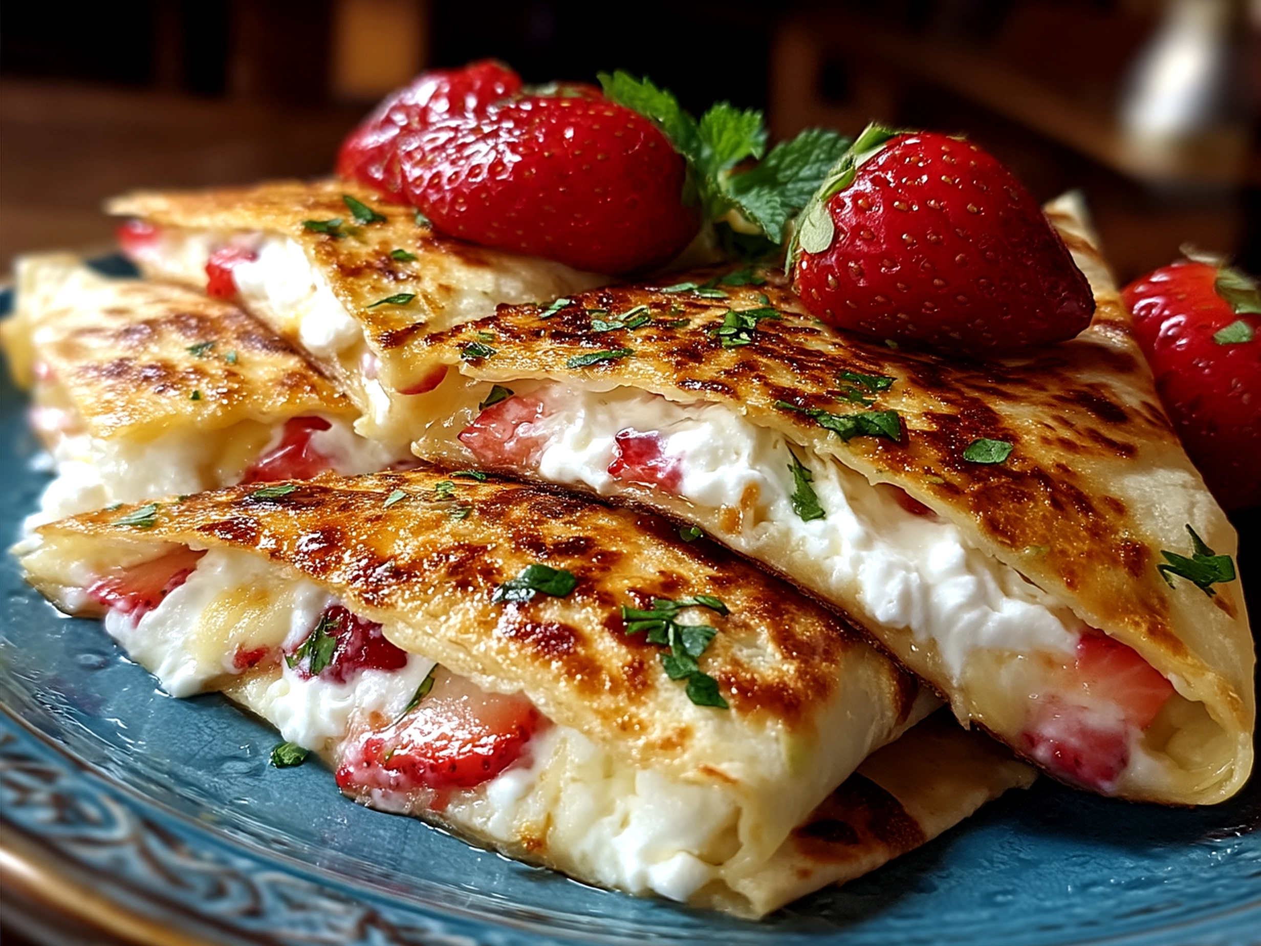 Prepared Strawberry Cheesecake Quesadilla on a serving plate with powdered sugar