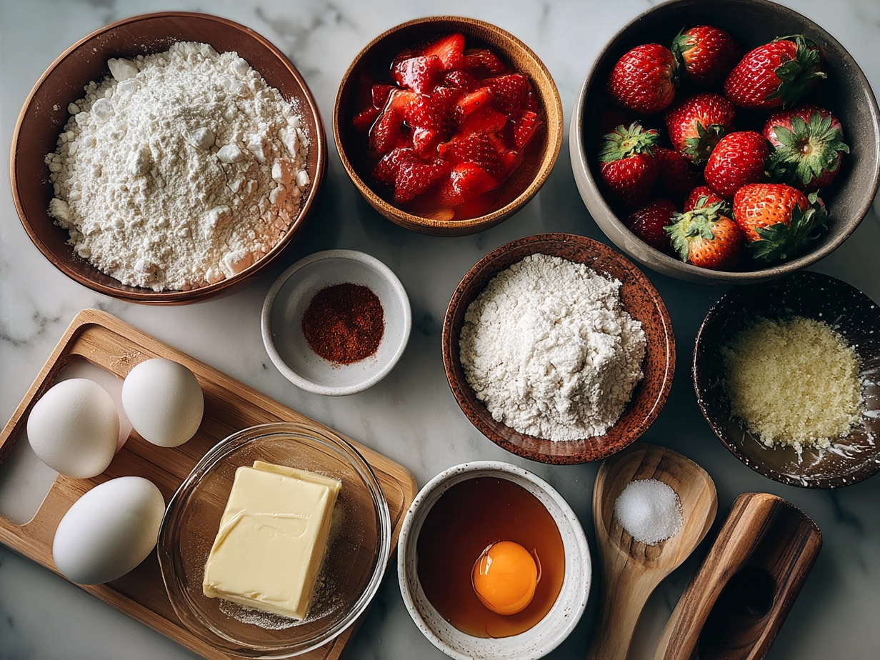 Ingredients for Strawberry Shortcake Cupcakes arranged on a wooden table