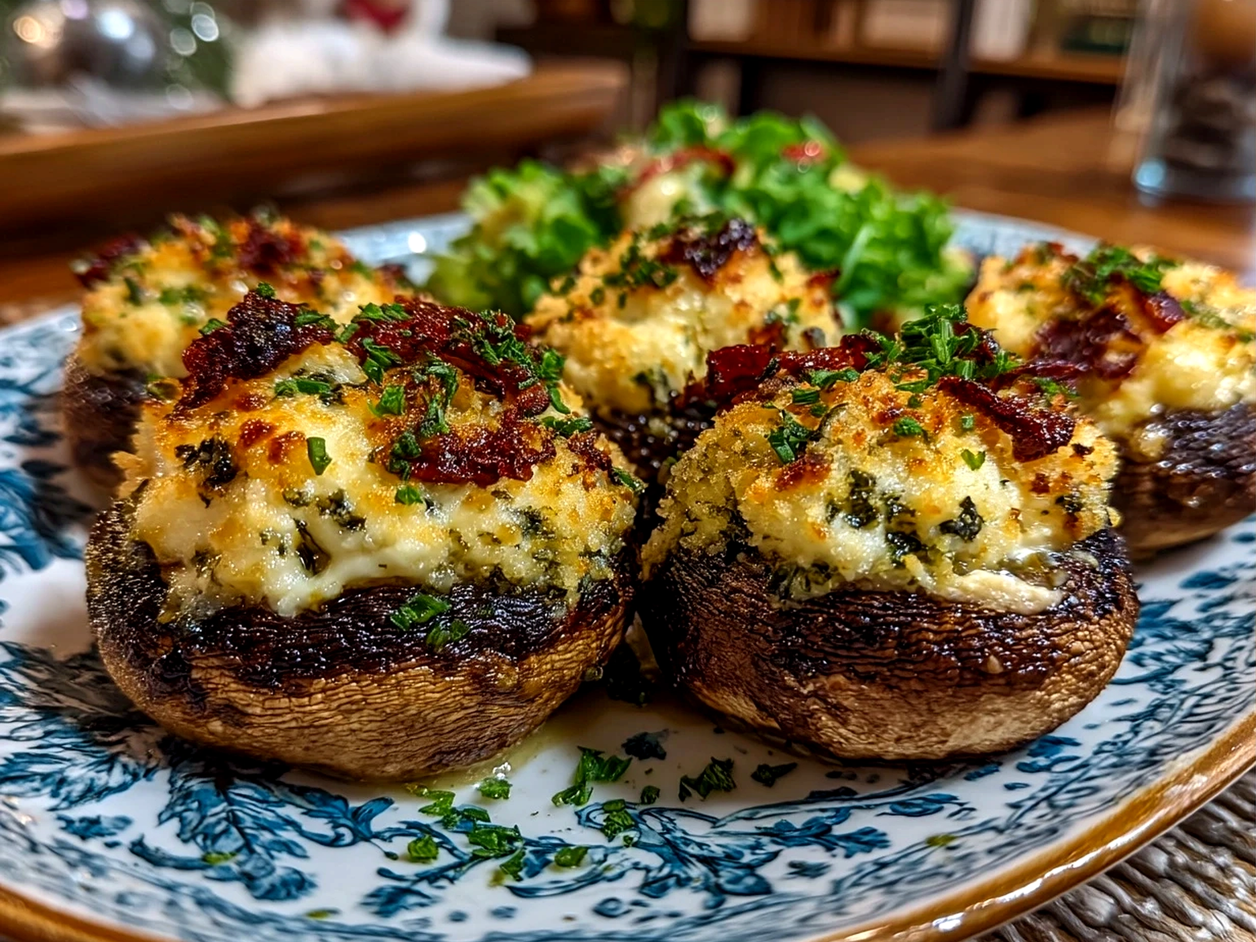 Plated baked stuffed mushrooms garnished with fresh parsley ready to serve