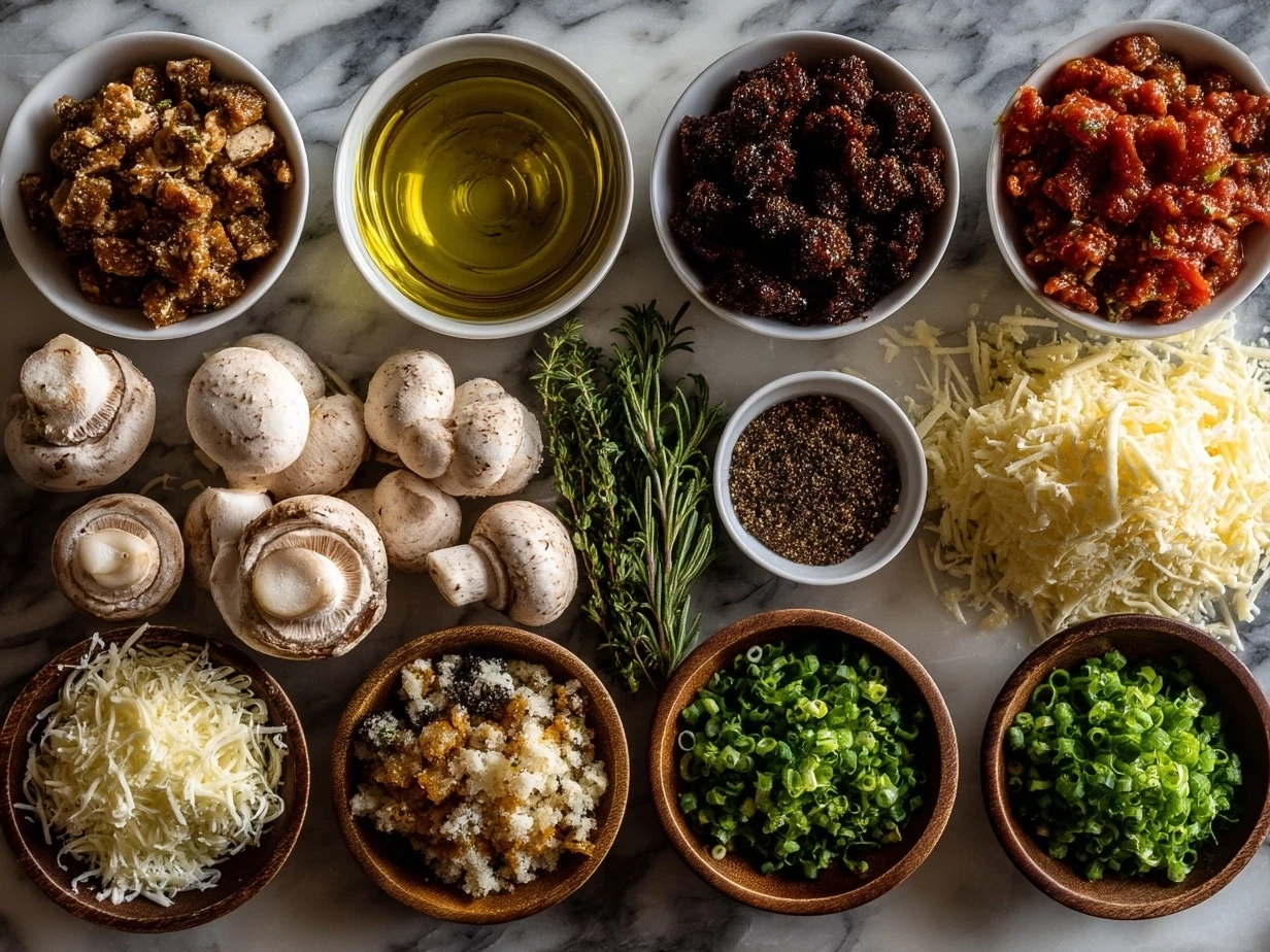 Ingredients for stuffed mushrooms including cream cheese, mushrooms, garlic, and herbs