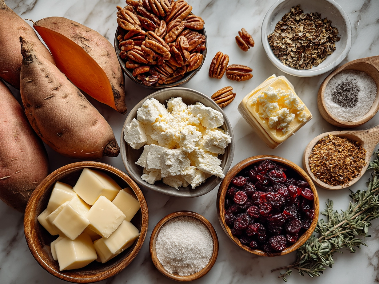 Ingredients for Sweet Potato Brie Cranberry Pecans including sweet potatoes, brie cheese, cranberries, pecans