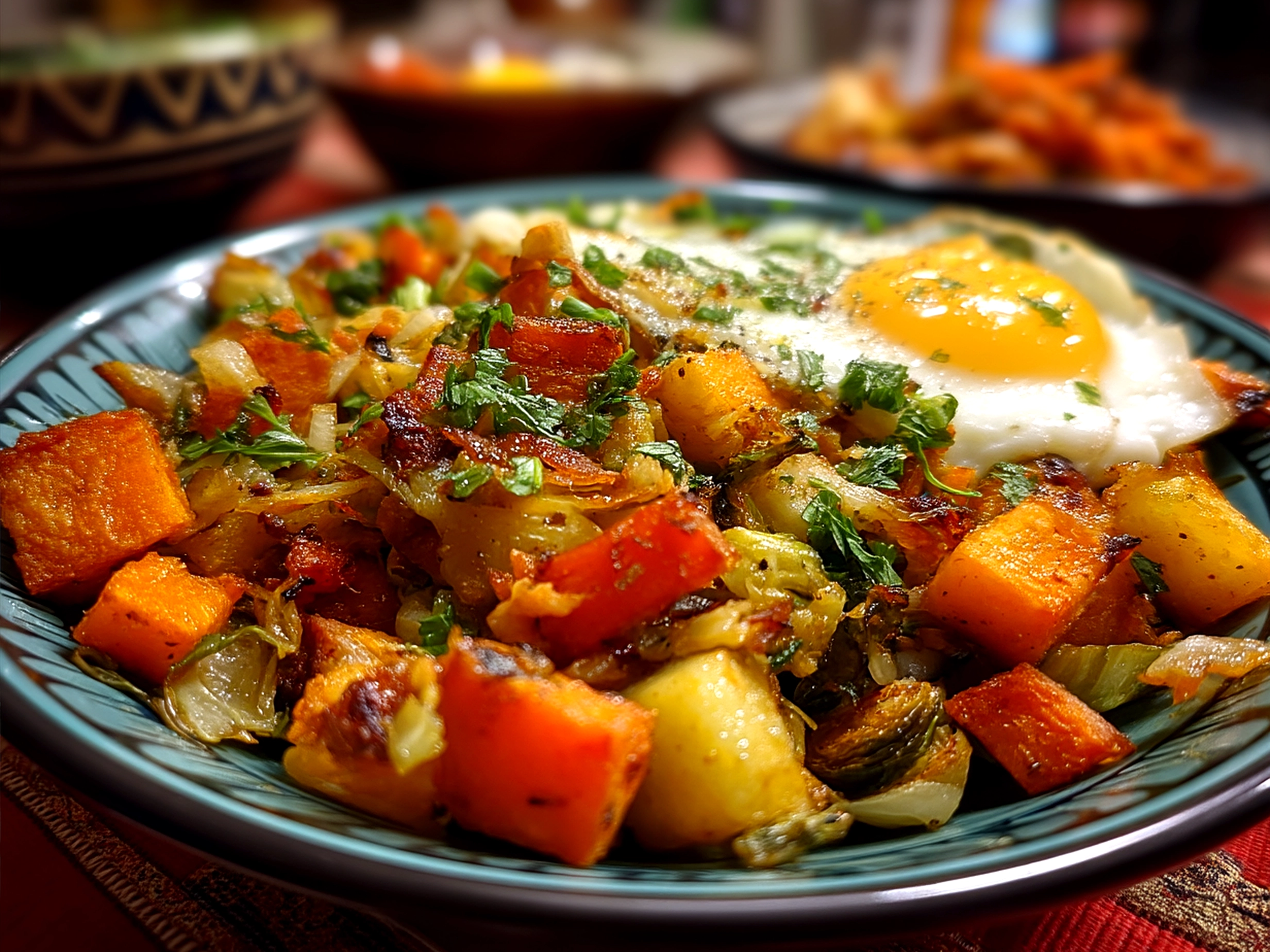 Finished Sweet Potato Brussel Hash served on a plate garnished with fresh herbs