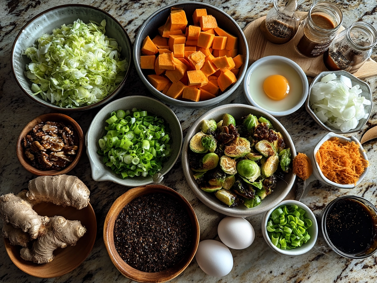 Ingredients for Sweet Potato Brussel Hash showing diced sweet potatoes, halved Brussels sprouts, sliced red onion, garlic, and spices