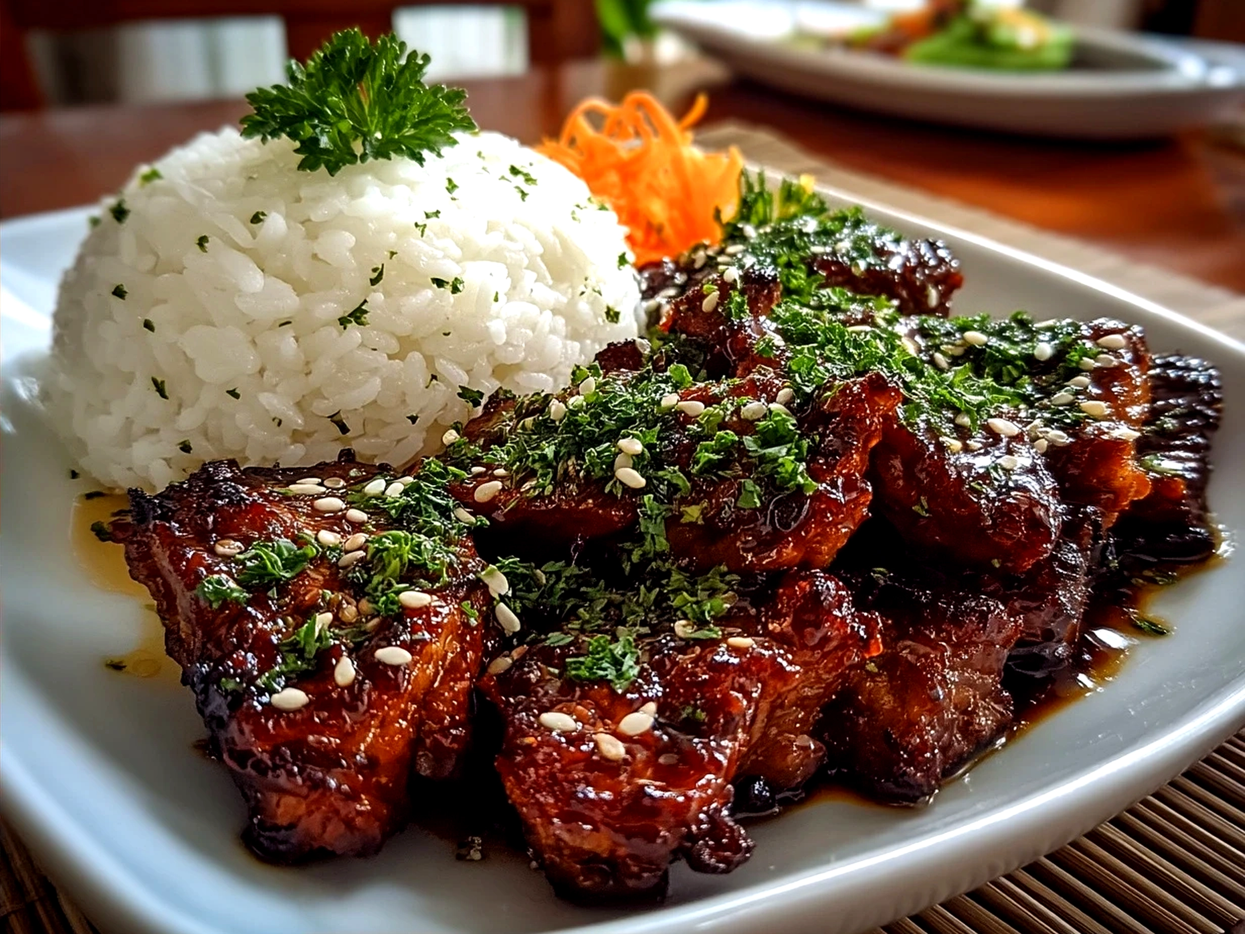 Serving homemade teriyaki sauce over a meal with vegetables and garnished with sesame seeds