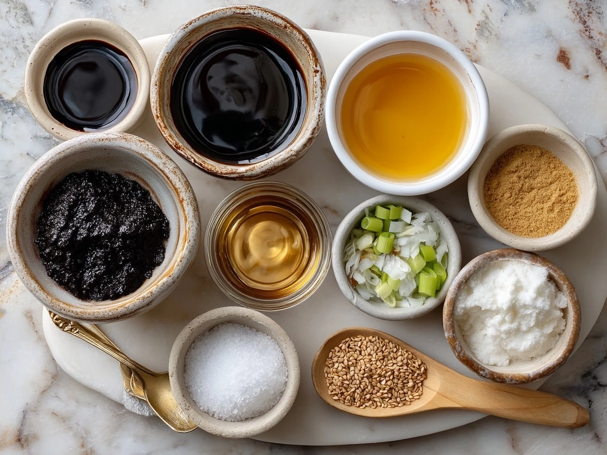 Ingredients for homemade teriyaki sauce including soy sauce, ginger, garlic, brown sugar, and sesame oil