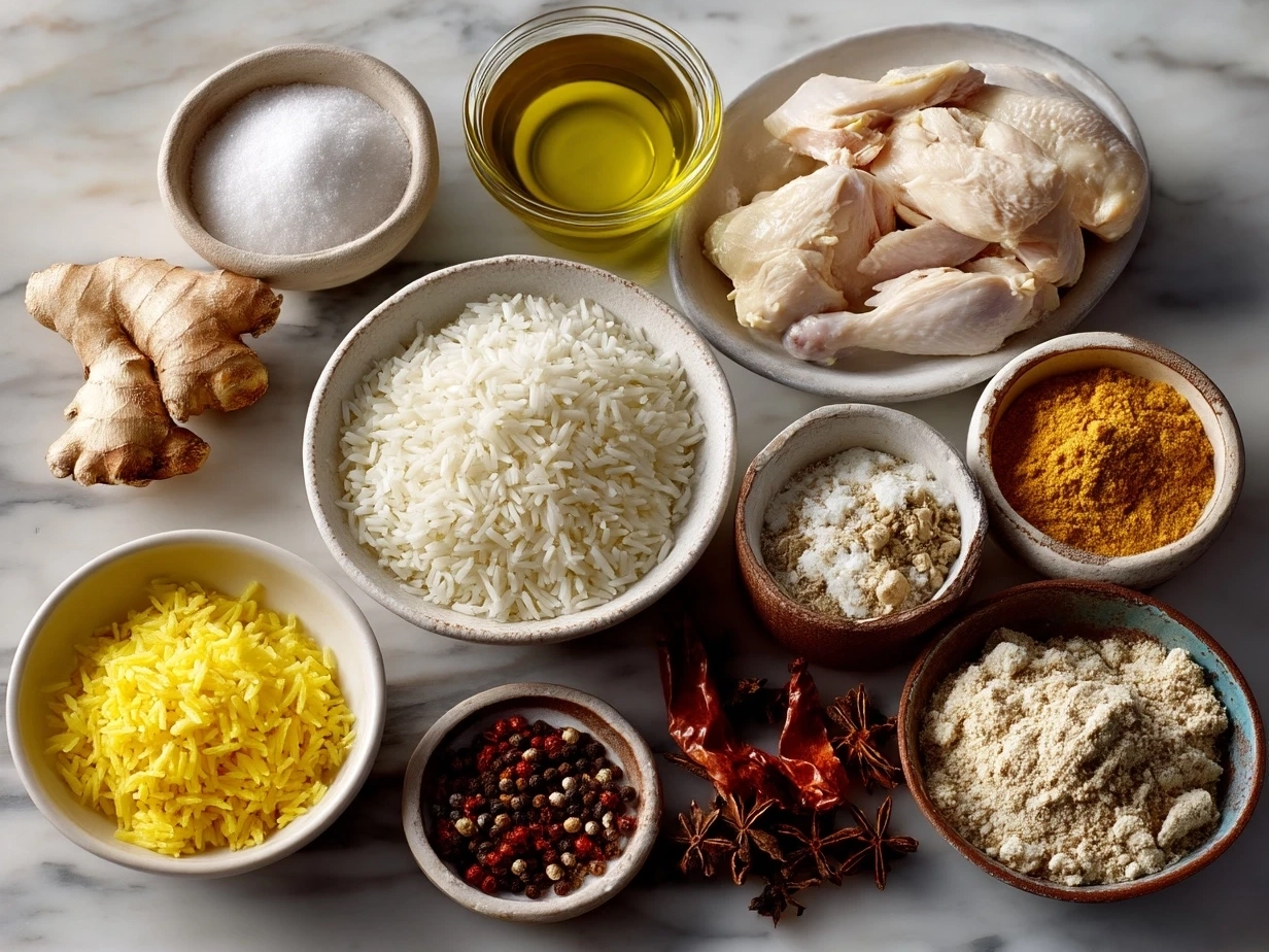 Ingredients for Chicken Ginger Rice laid out neatly on a wooden surface
