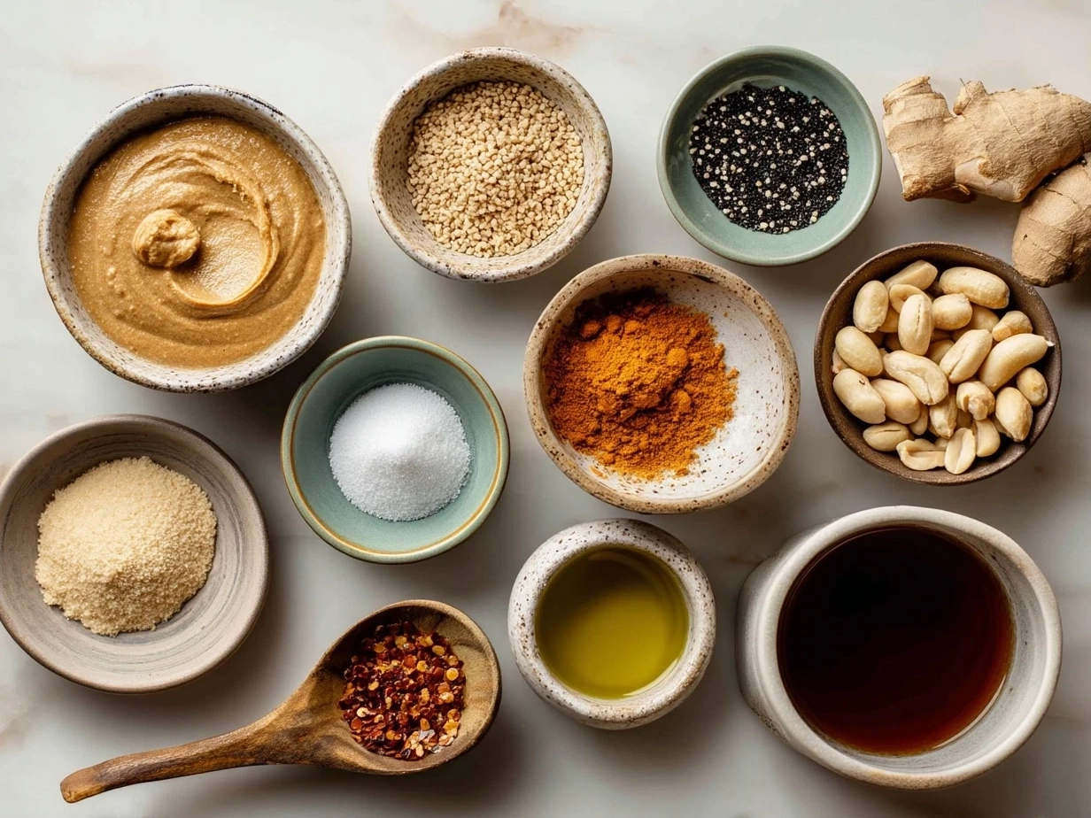 Top down view of raw ingredients for African Peanut Soup including peanuts, sweet potatoes, tomatoes, onions, and spices.