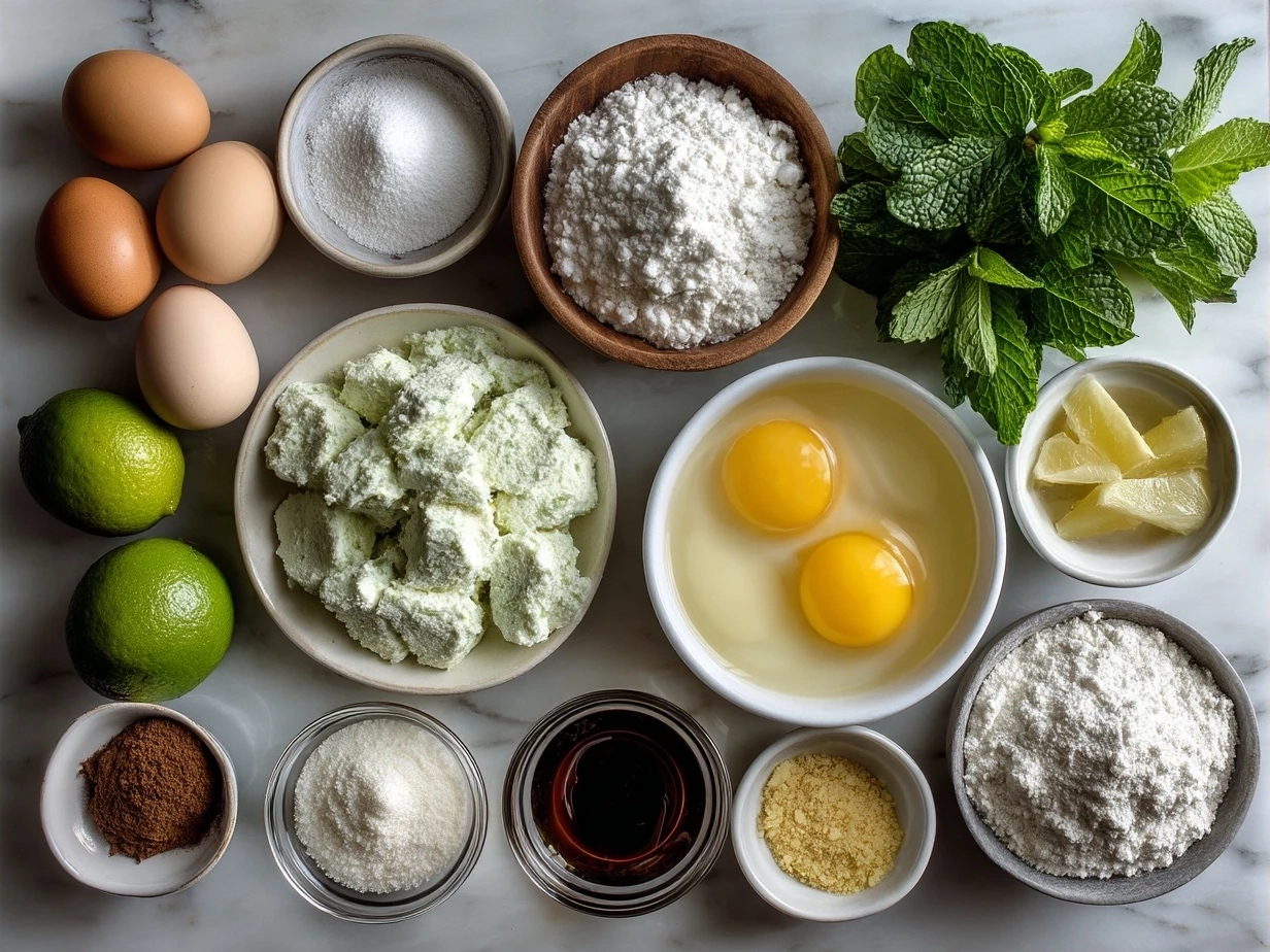 Top-down view of raw ingredients for Andes Mint Mini Cheesecakes arranged on marble surface