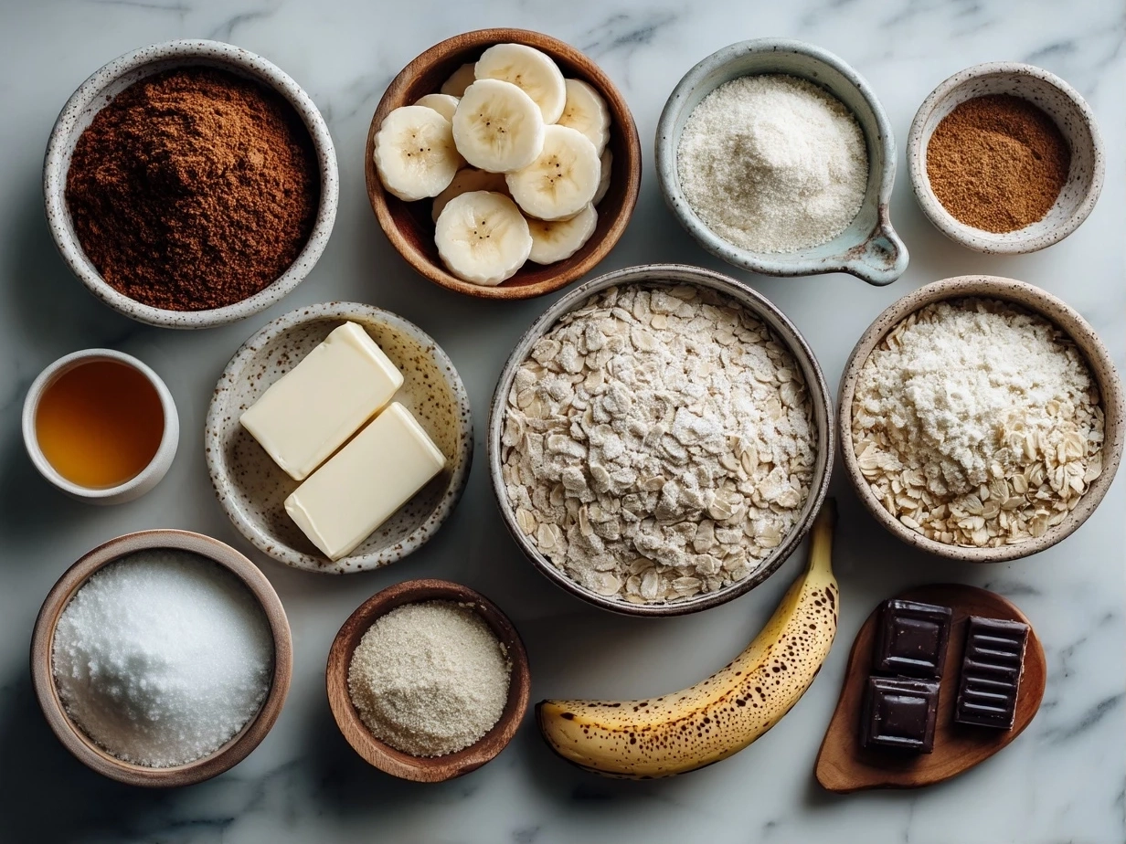 Top-down view of raw ingredients for banana oatmeal bars including ripe bananas, rolled oats, maple syrup, cinnamon, vanilla, and baking powder
