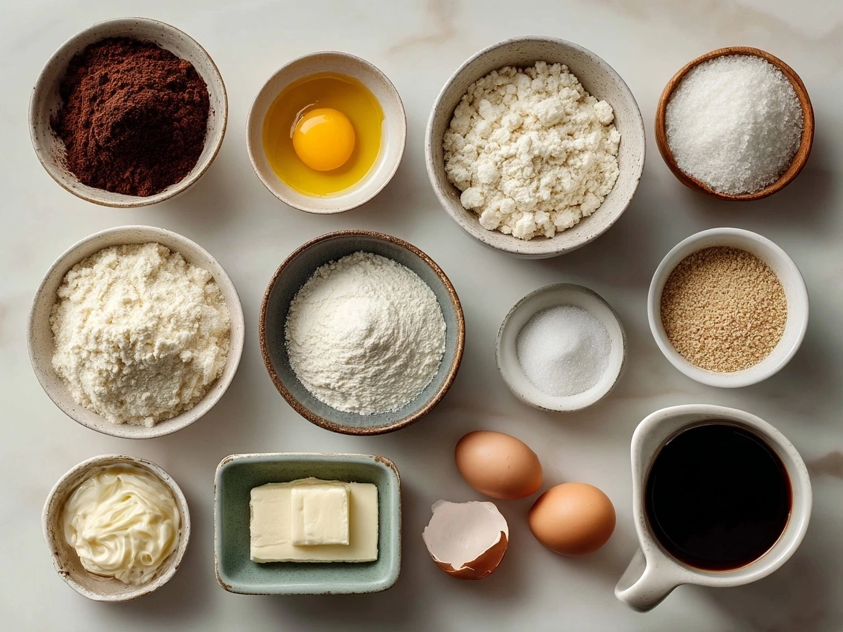 Top down view of raw ingredients for Bomboloni alla Crema including flour, eggs, milk, sugar and butter
