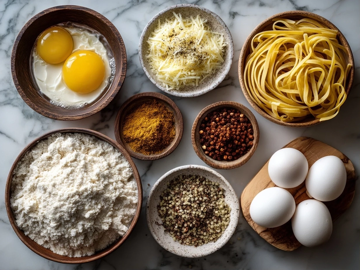 Top-down view of raw ingredients for Butter Chicken Linguine arranged on marble counter