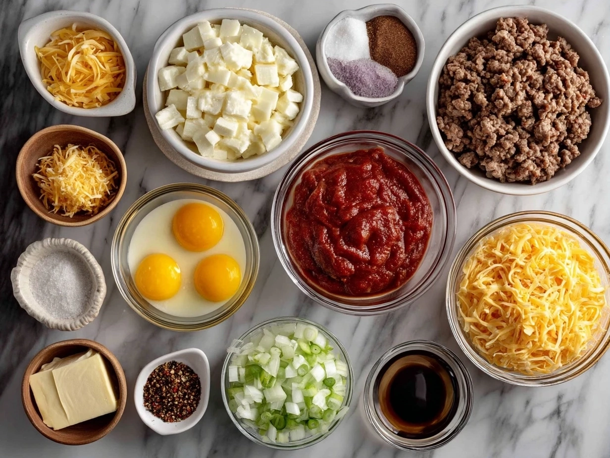 Top down view of raw ingredients for cheeseburger baked casserole on marble counter, arranged neatly in a modern kitchen