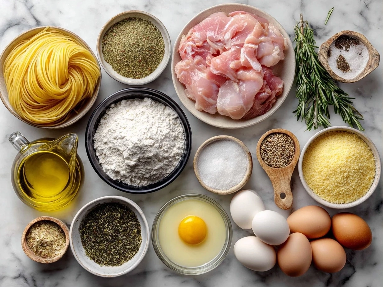 Raw ingredients for Chicken Carbonara on white marble surface including spaghetti, chicken breasts, bacon, eggs, parmesan cheese, garlic, olive oil, and cream