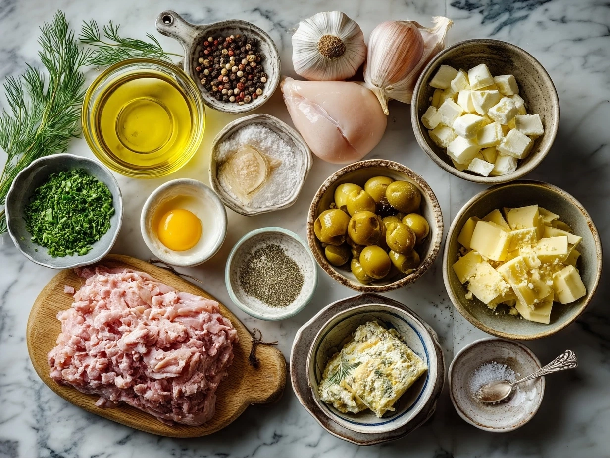 Top down view of raw ingredients for chicken cordon bleu casserole on marble countertop with modern kitchen organized mise en place