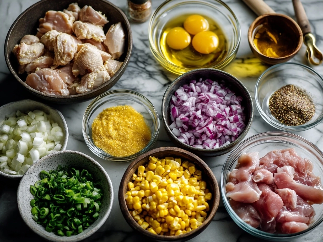 Top-down view of raw ingredients for Chicken Rice Bowl with Street Corn including chicken, corn, mayonnaise, cotija cheese, lime, cilantro, and spices