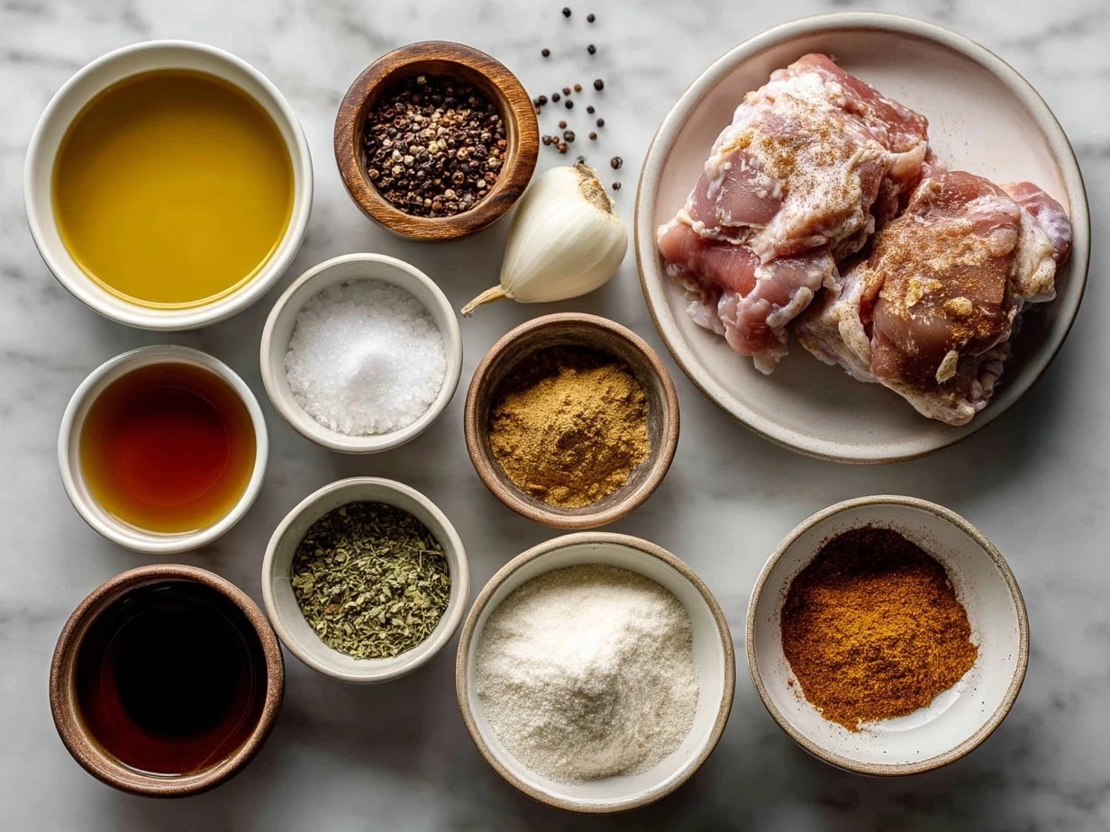 Raw ingredients for Crockpot BBQ Chicken arranged on a marble surface