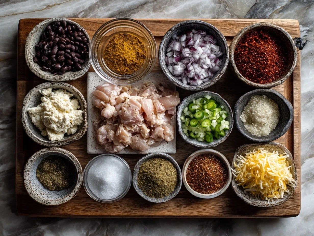 Top down view of raw ingredients for crockpot chicken enchilada casserole on marble counter with organized mise en place