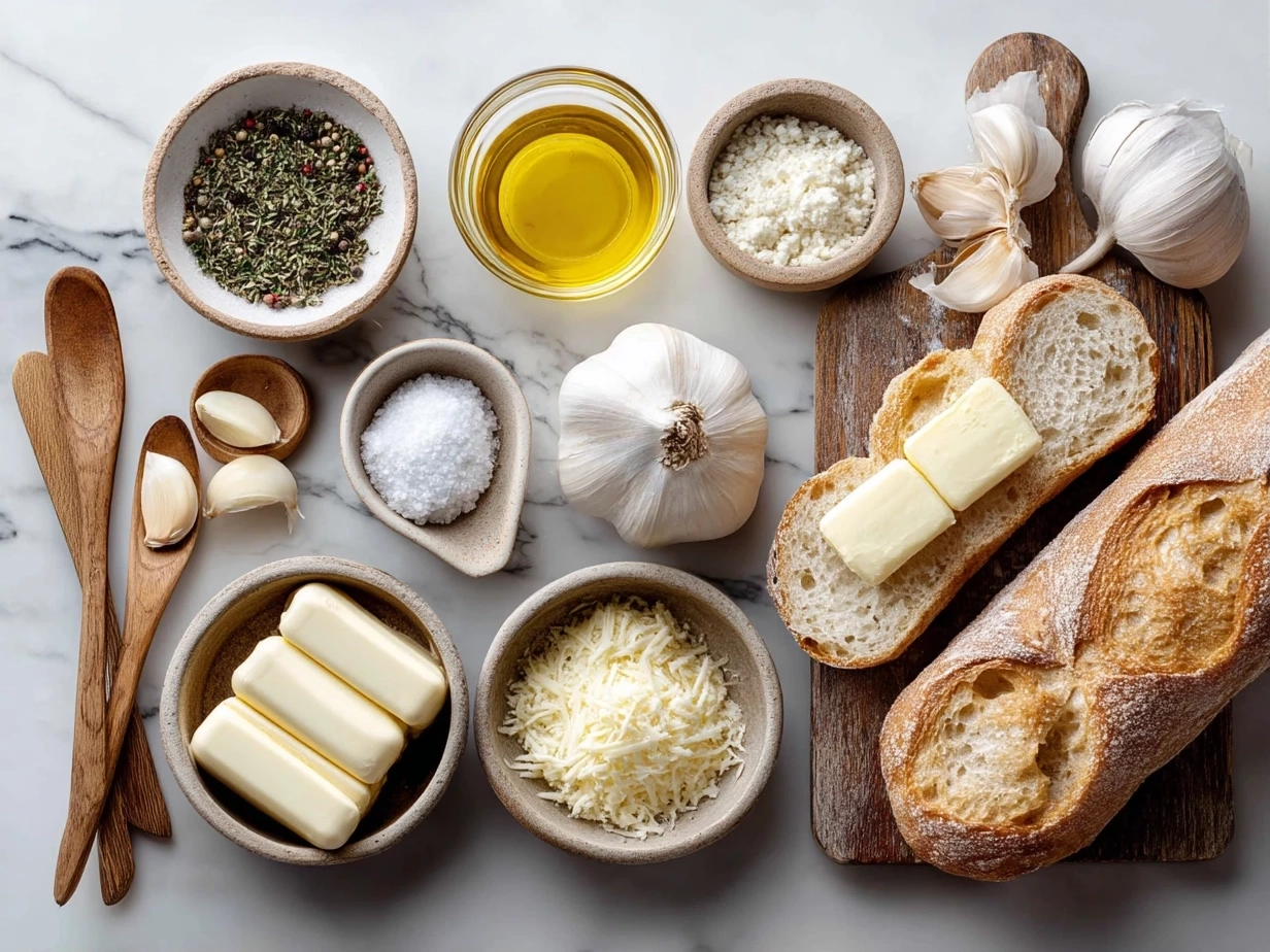 Top down raw ingredients for garlic bread on marble. Modern kitchen organized mise en place