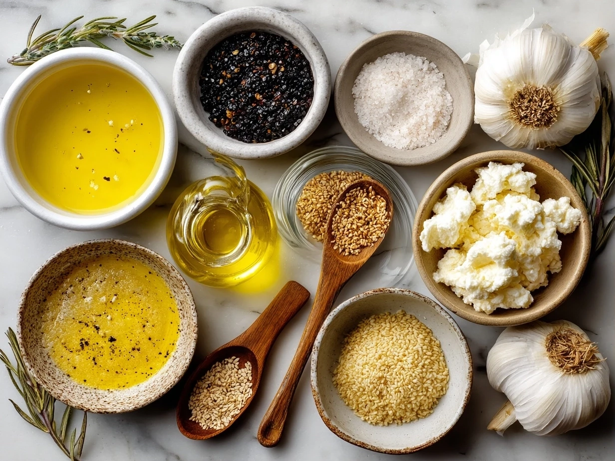 Top-down view of raw ingredients for Garlic Olive Oil Dip including olive oil, garlic cloves, fresh rosemary, thyme, and spices