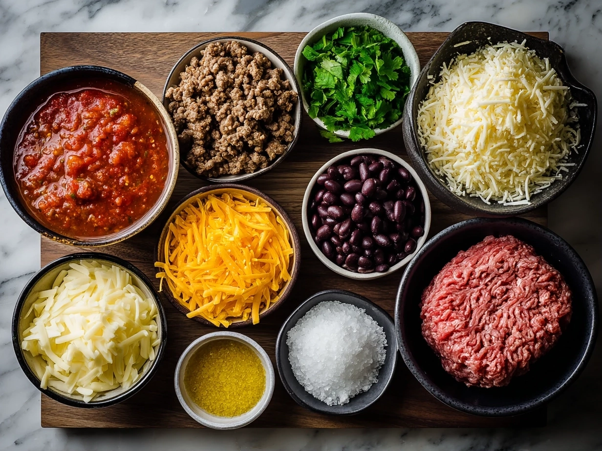 Ingredients for ground beef enchiladas laid out on a marble surface in an organized mise en place style
