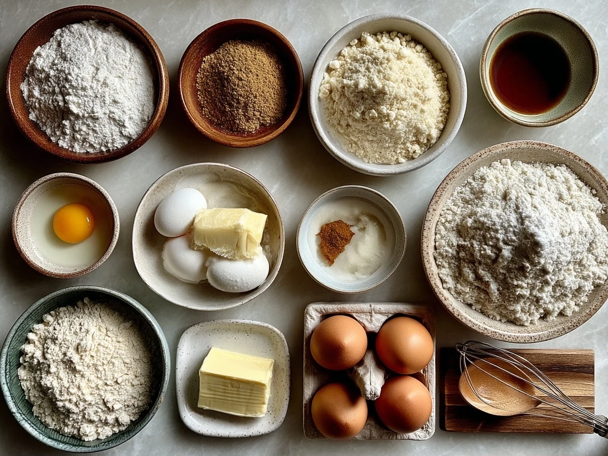 Top down view of raw ingredients for Italian Bomboloni Cream Donuts on marble surface
