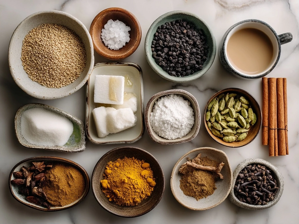 Top down view of raw ingredients for Kashmiri Pink Chai on a marble surface