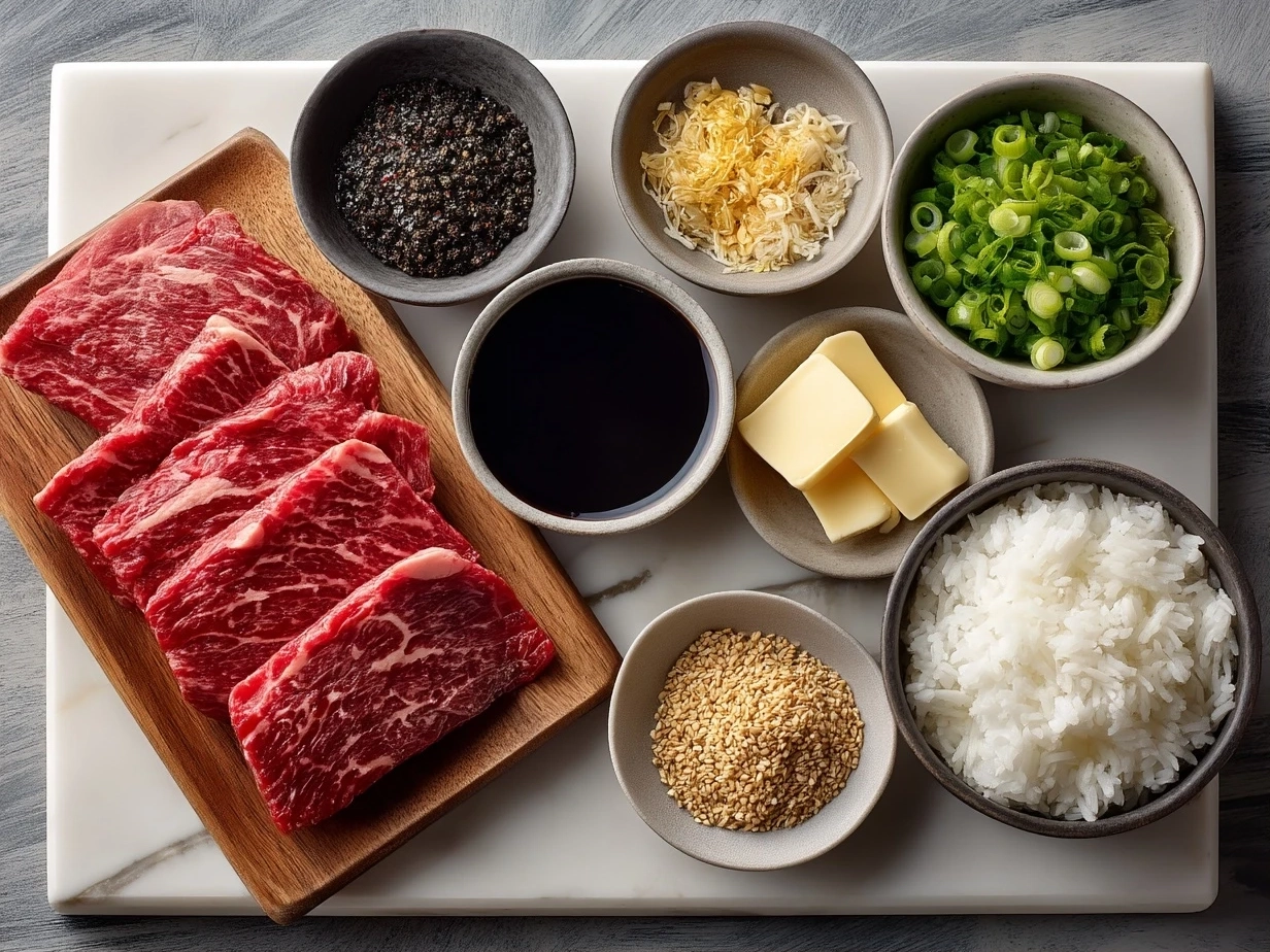 Top-down view of raw ingredients for Korean BBQ Beef on marble surface