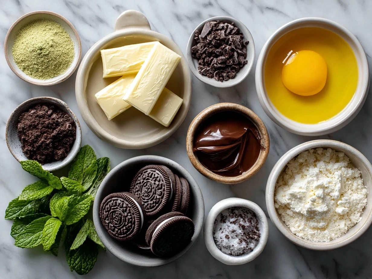 Top-down view of raw ingredients for Mint Oreo Balls on a marble surface
