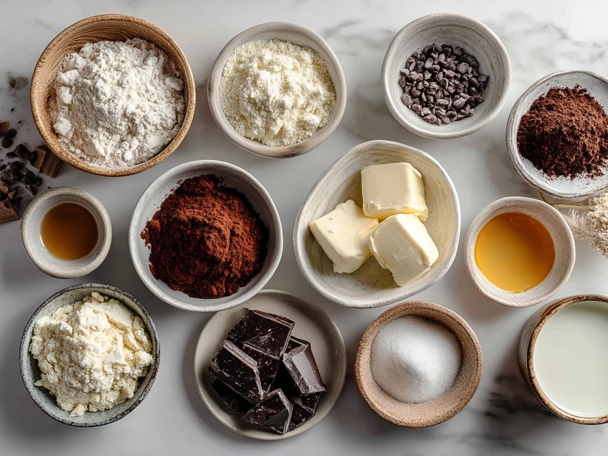 Top down view of raw ingredients for red velvet bear cookies on a marble surface