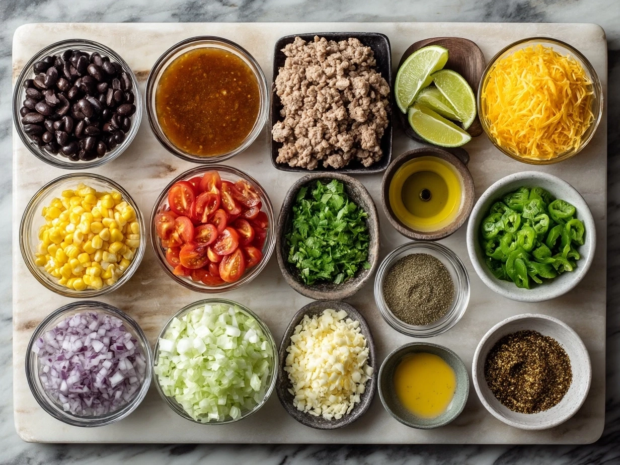 Top down view of raw ingredients for taco casserole on marble surface