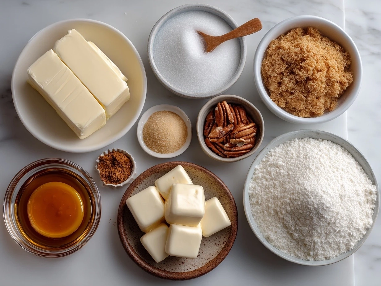 Top down raw ingredients for Toffee Crunch Cupcakes on marble surface