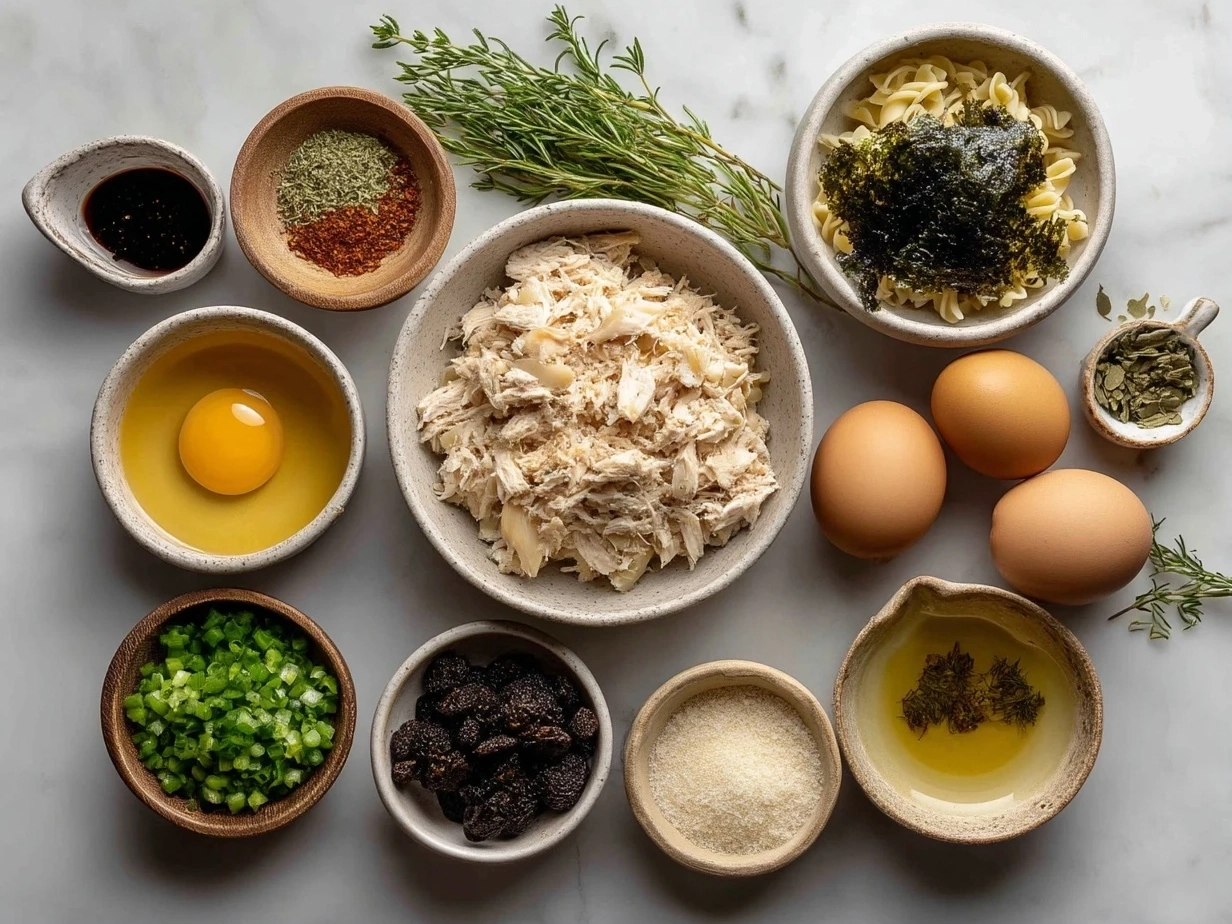 Top-down view of raw ingredients for tuna noodle casserole on marble countertop, mise en place style